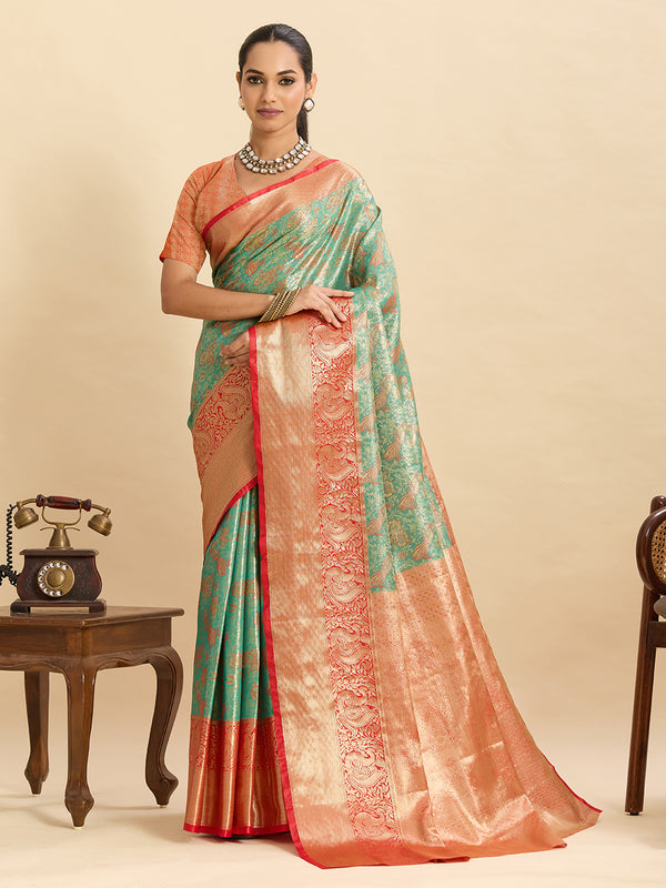 Green kanjivaram silk saree with zari weaving work and big border