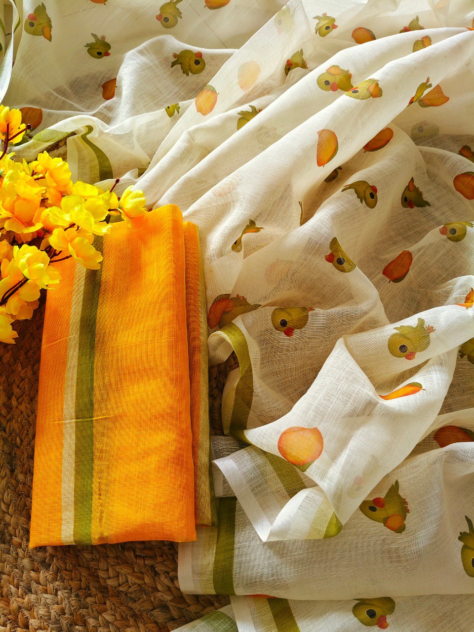 Trendy linen | White linen cotton saree with digital printed work
