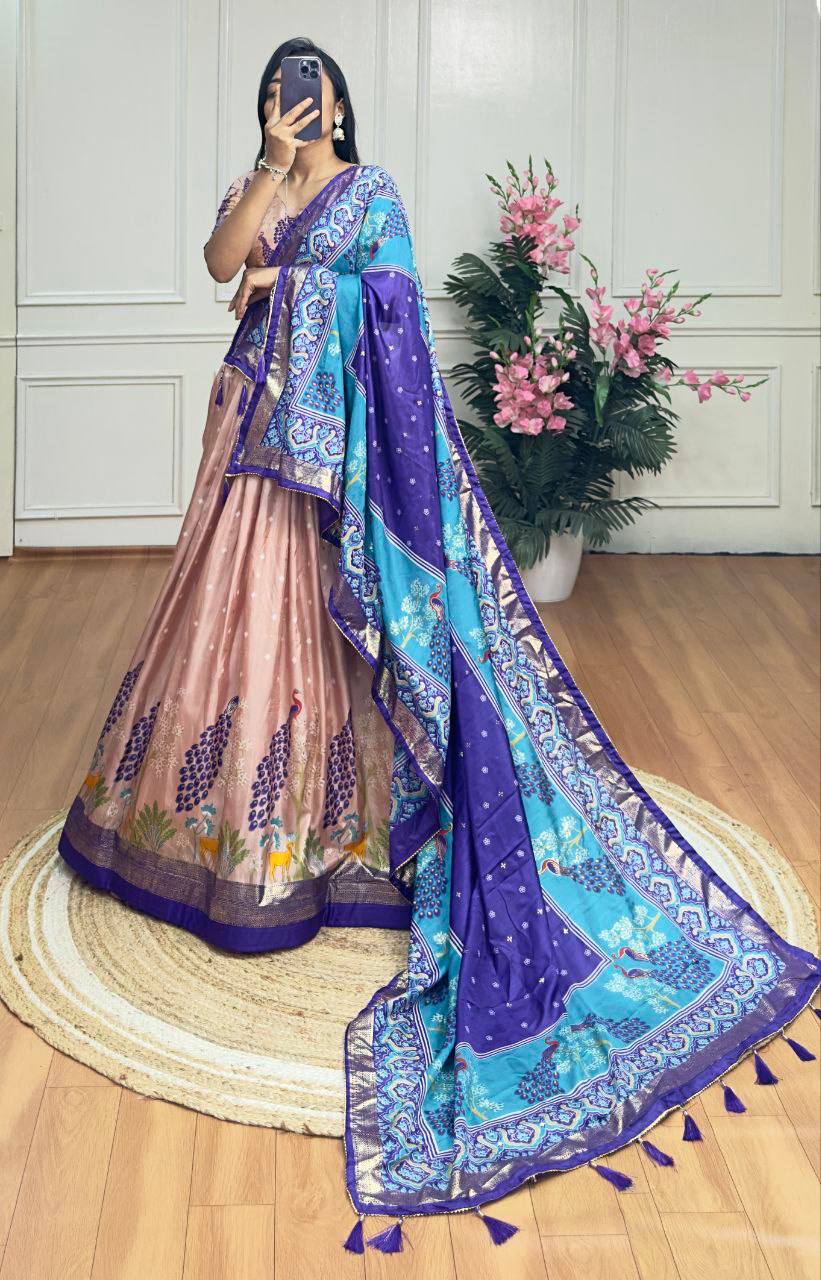 Peach and blue color dola silk lehenga with foil and patola printed work