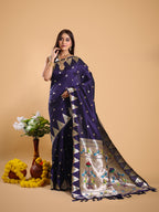 Navy blue color paithani silk saree with zari weaving work