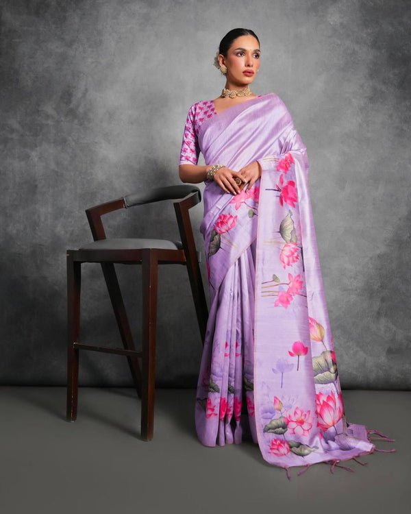 Lavender color soft tussar silk saree with lotus floral printed work