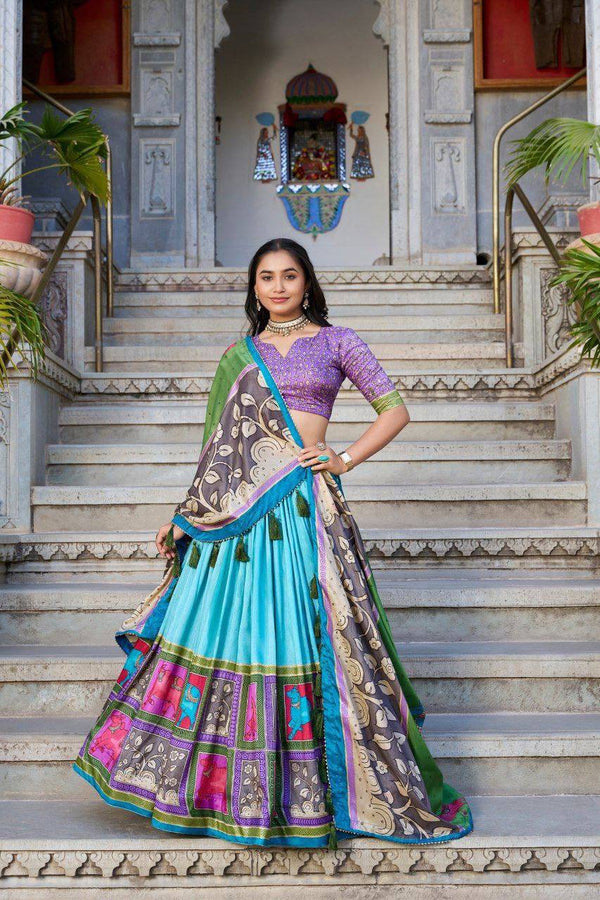 Blue color tussar silk lehenga with meenakari printed work