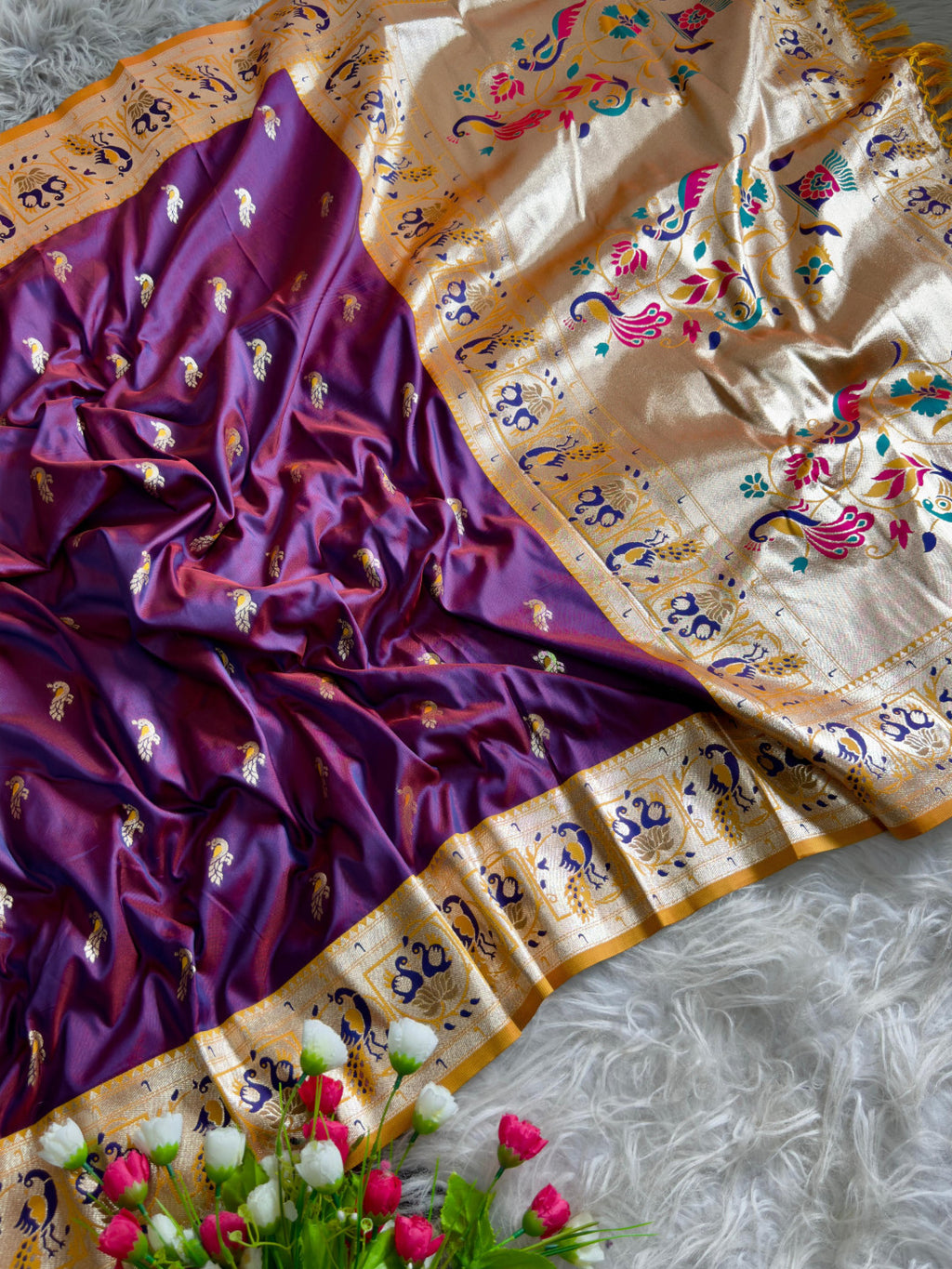 Magenta traditional paithani silk saree with peacock zari weaving work