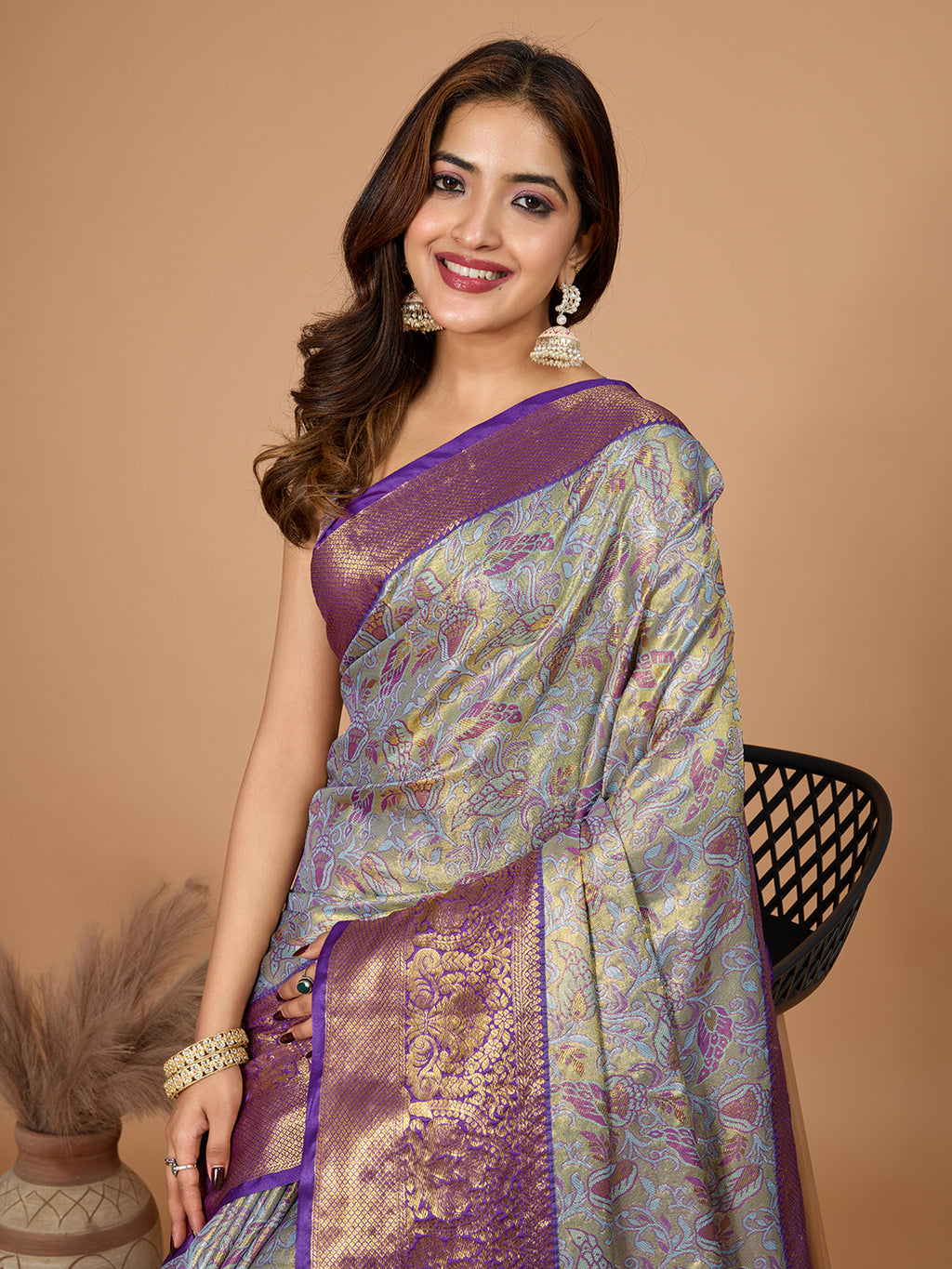 Gray kanjivaram silk saree with zari weaving work