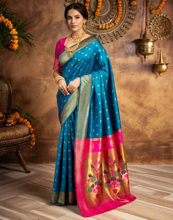 Traditional morpeach chand design paithani silk saree with zari weaving work