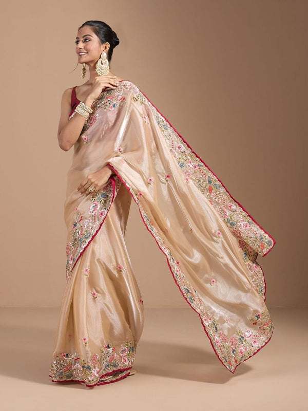 Beige jimmy choo saree with embroidery and sequence work with piping border