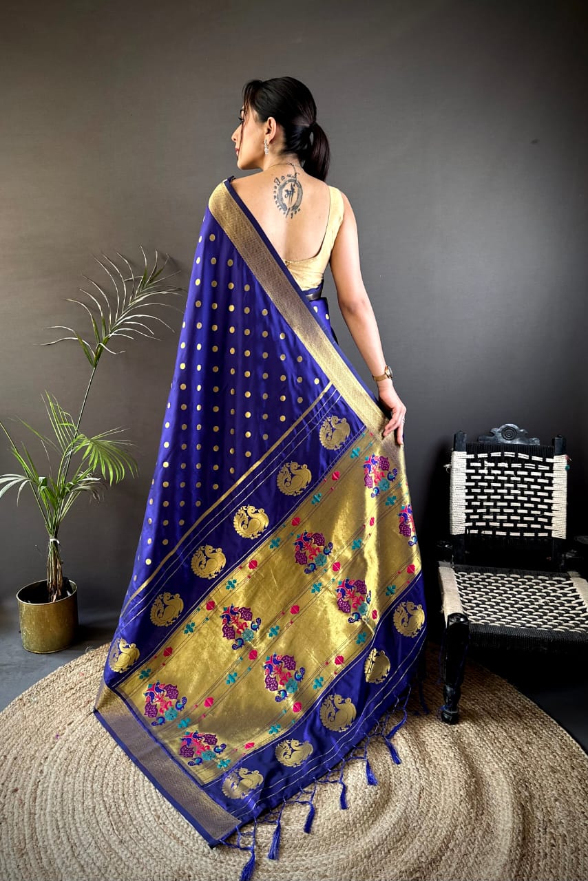 Navy blue traditional paithani silk saree with zari weaving work
