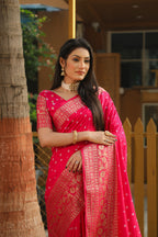 Pink color bandhej silk saree with zari weaving work