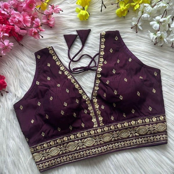 Wine heavy roman silk readymade blouse with embroidery and sequence work