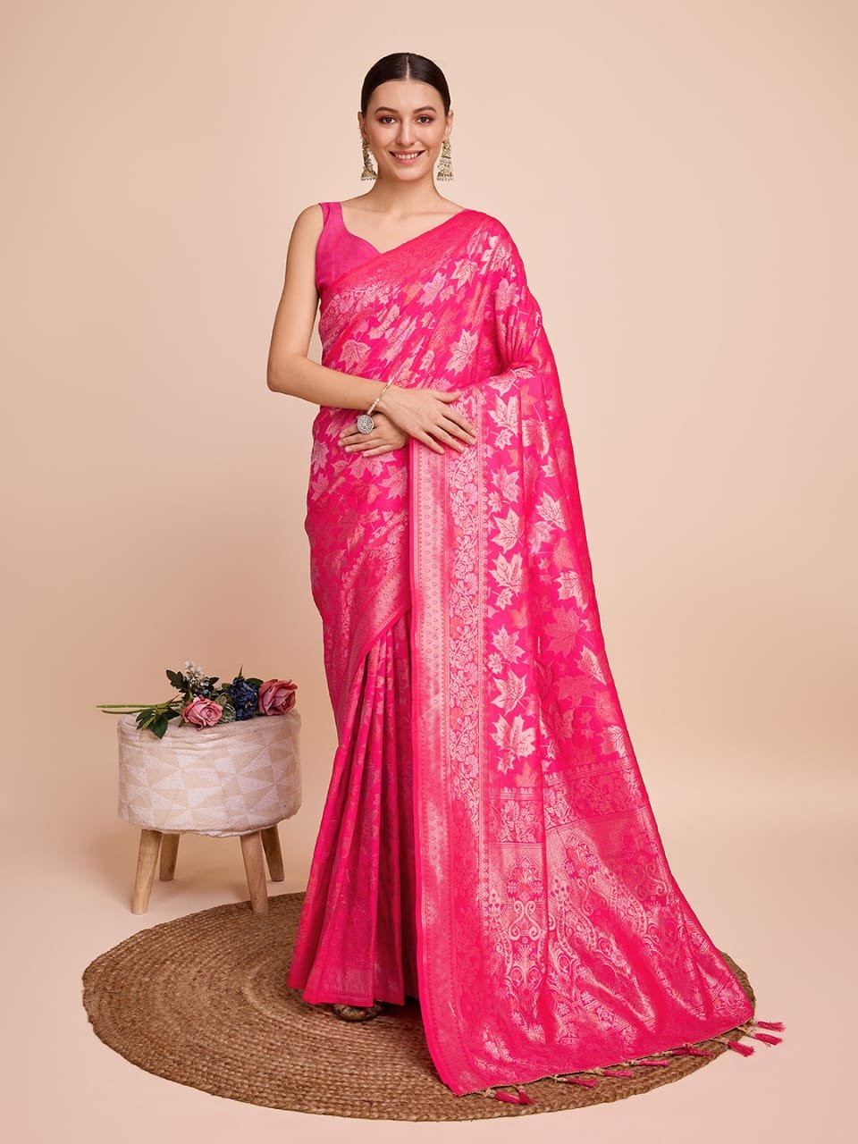 Purnima-Sarees- Golden & copper zari weaving with pink color soft silk banarasi saree