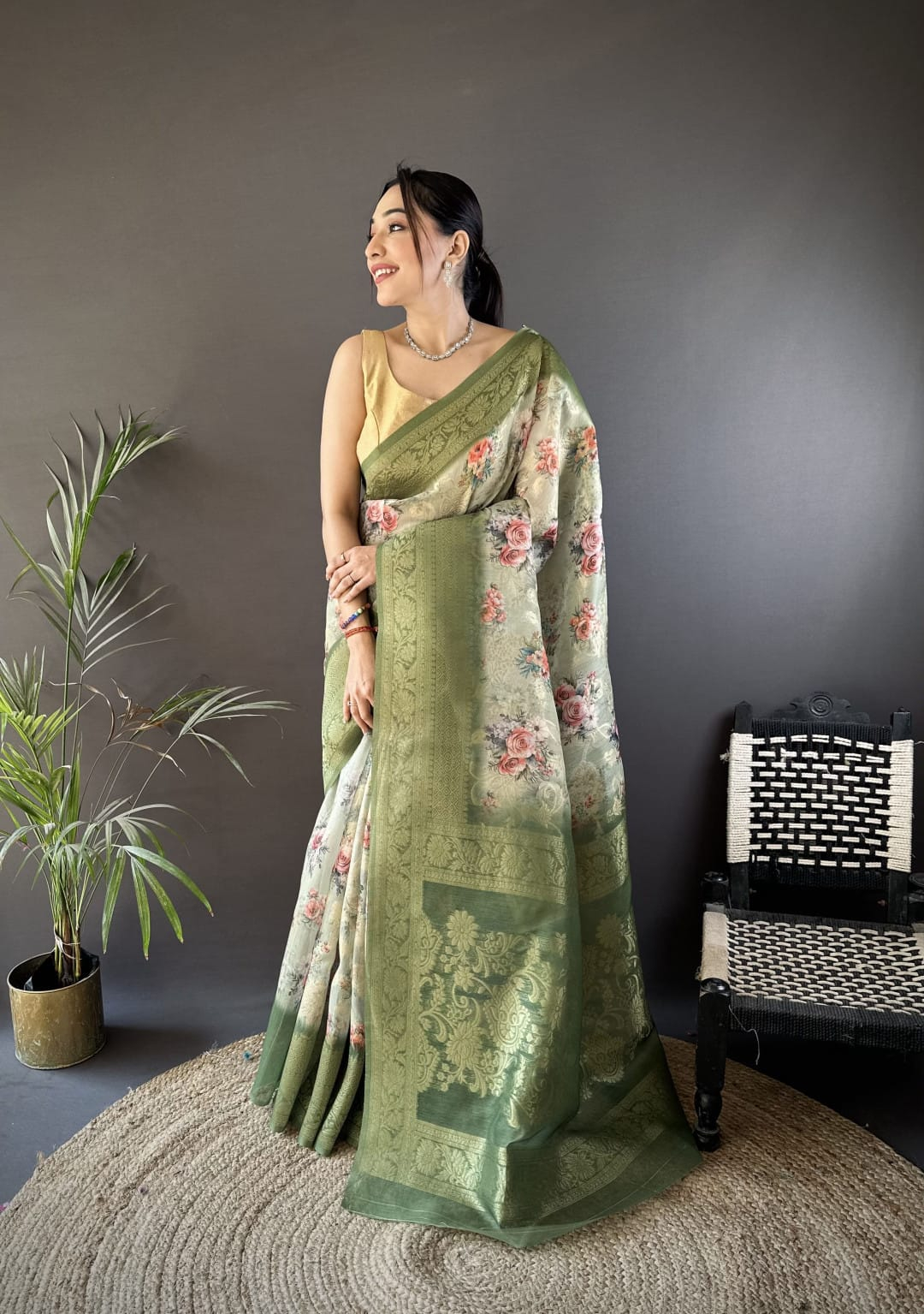 Purnima-Sarees- Green linen silk saree with digital printed work