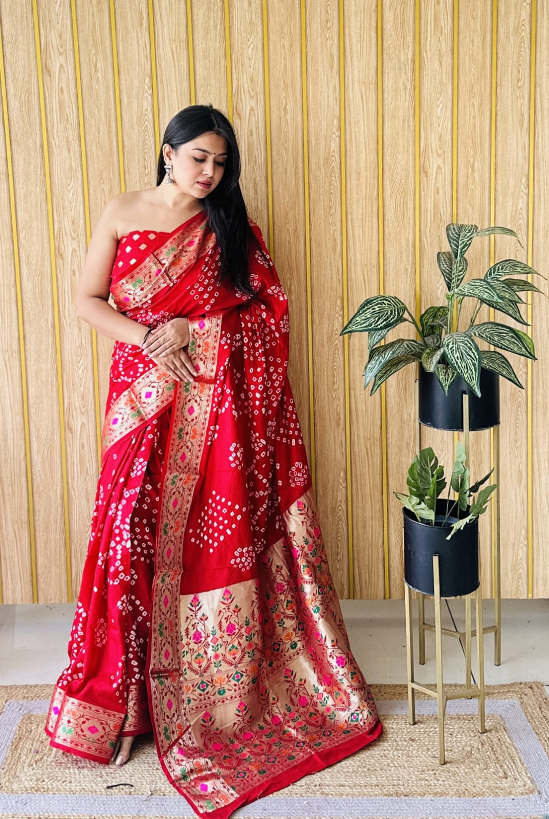 Purnima-Sarees- Red premium paithani bandhej silk bandhani saree with zari weaving work