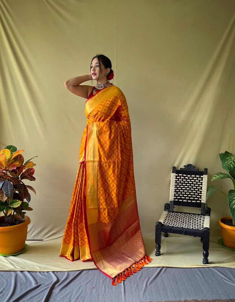 Purnima-Sarees- Mustard yellow color patola silk saree with zari woven work