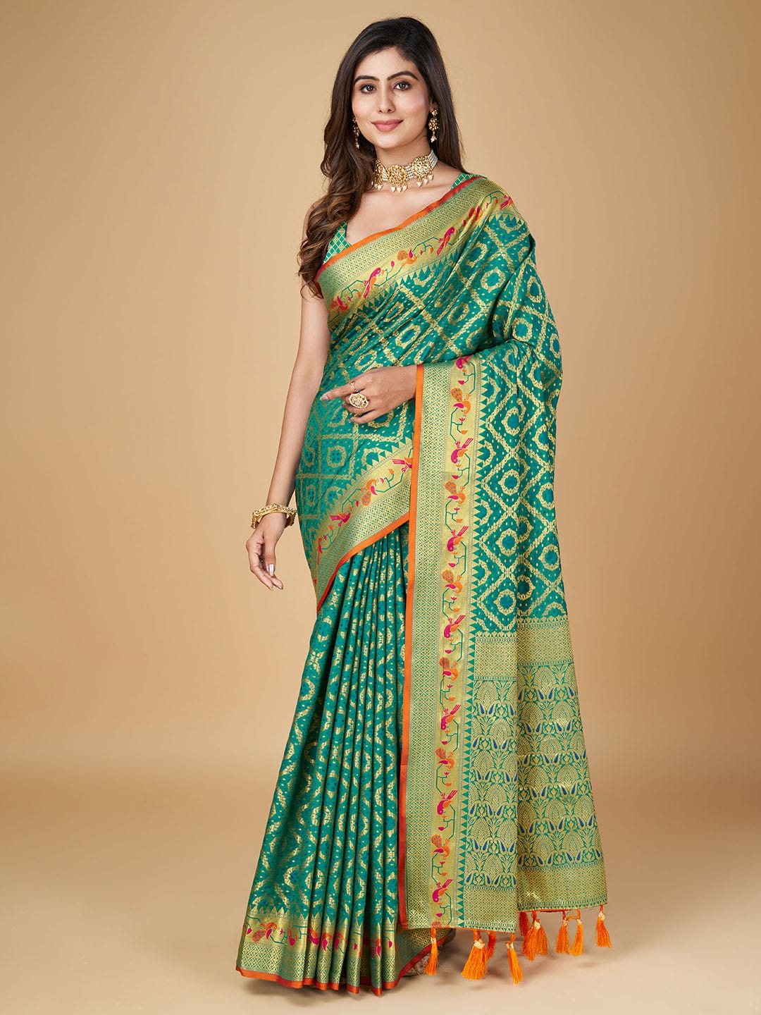 Purnima-Sarees- Rama green color patola silk saree with woven design