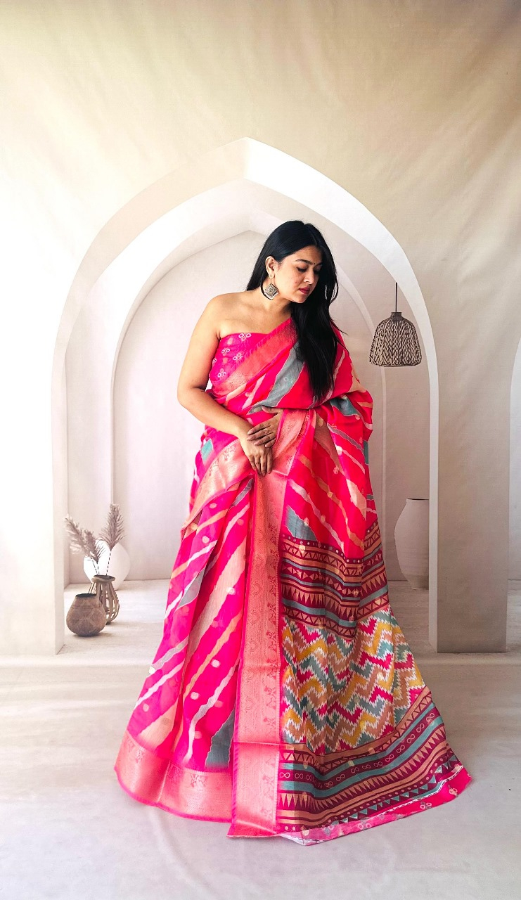 Purnima-Sarees- Pink soft dola silk saree with digital printed work