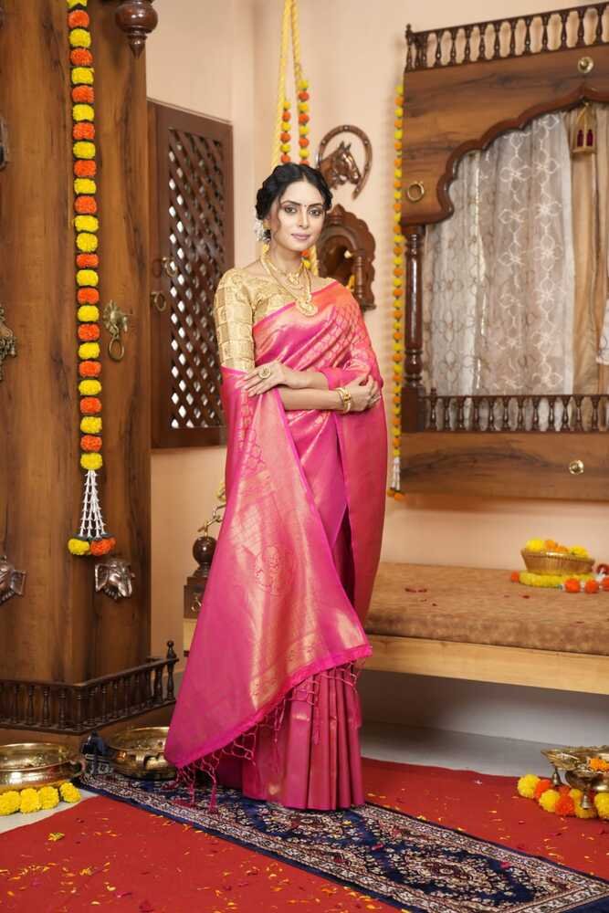 Purnima-Sarees- Rani pink color kanjivaram silk saree with zari weaving work