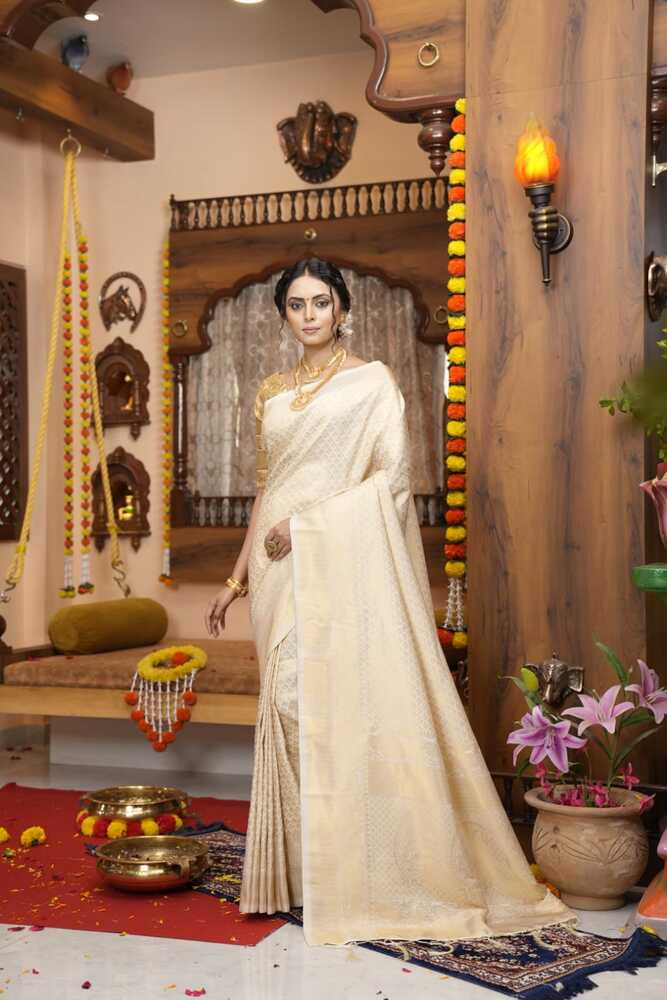 Purnima-Sarees- Off white color kanjivaram silk saree with zari weaving work